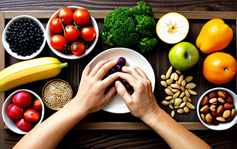 **
"A vibrant and colorful display of diverse fruits, vegetables, nuts, and seeds, arranged artfully on a wooden table, professional lighting, emphasis on the natural textures and colors of the food, focus on conveying health and vitality, fully clothed hands arranging the food, safe for work, appropriate content, fully clothed, professional, family-friendly, perfect anatomy, correct proportions, natural pose, well-formed hands, proper finger count, natural body proportions."
**