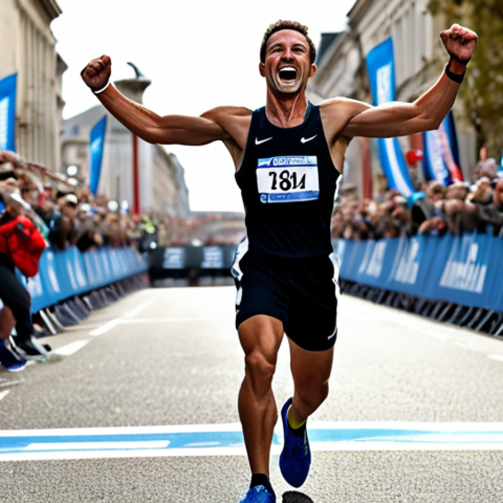 **
A marathon runner, fully clothed in athletic wear, crossing a finish line. The scene is bright and energetic, with cheering crowds in the background. Focus on the runner's determined expression and strong physique. Perfect anatomy, correct proportions, natural pose, well-formed hands, safe for work, appropriate content, fully clothed, professional sports photography, dynamic composition.
**