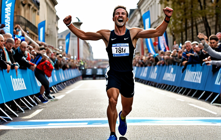 **
A marathon runner, fully clothed in athletic wear, crossing a finish line. The scene is bright and energetic, with cheering crowds in the background. Focus on the runner's determined expression and strong physique. Perfect anatomy, correct proportions, natural pose, well-formed hands, safe for work, appropriate content, fully clothed, professional sports photography, dynamic composition.
**
