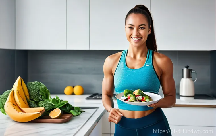 운동 후 회복을 위한 이상적인 식사 - **Post-Workout Nutrition Feast:**
"A vibrant, high-definition photograph of a healthy, energetic...