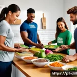 운동선수의 체중 조절을 위한 영양 전략 - A dynamic, high-resolution image of a diverse group of athletes preparing balanced meals in a modern...