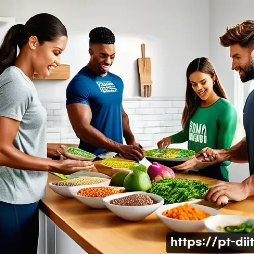 운동선수의 체중 조절을 위한 영양 전략 - A dynamic, high-resolution image of a diverse group of athletes preparing balanced meals in a modern...