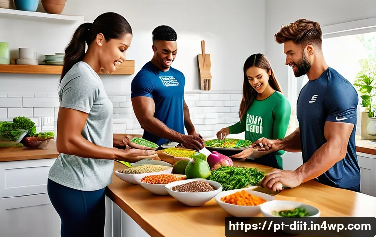 운동선수의 체중 조절을 위한 영양 전략 - A dynamic, high-resolution image of a diverse group of athletes preparing balanced meals in a modern...