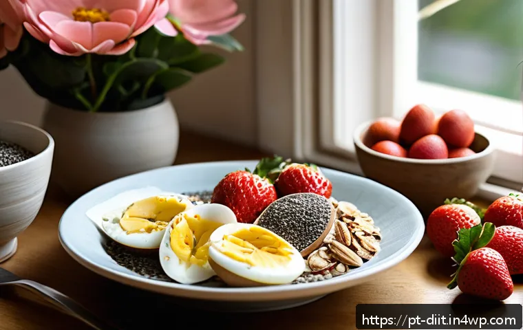 지속적으로 체력을 유지하기 위한 영양소 - A vibrant, colorful breakfast table featuring a variety of nutrient-rich foods that boost daily ener...