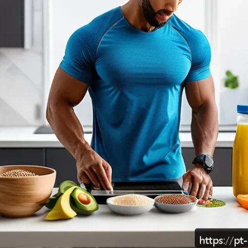 운동선수의 체중 유지 및 관리 방법 - A detailed and vibrant scene of a professional athlete's balanced meal preparation in a modern Brazi...