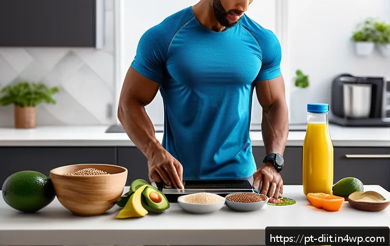 운동선수의 체중 유지 및 관리 방법 - A detailed and vibrant scene of a professional athlete's balanced meal preparation in a modern Brazi...
