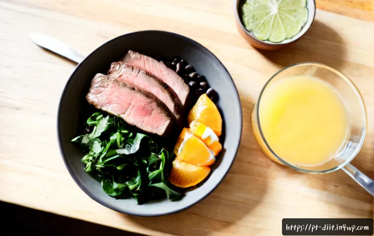 Home 16 운동선수의 식단에서의 철분 섭취의 중요성 - Photorealistic overhead view of a Brazilian endurance athlete’s balanced iron-rich meal on a clean w...